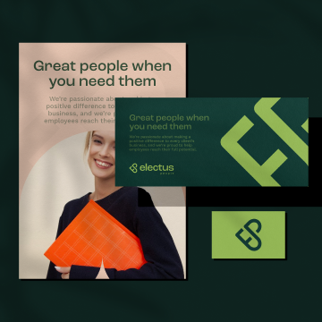Smiling woman holding a folder, Electus logo.